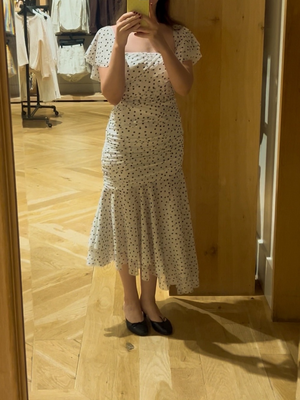 Zara White Midi Dress with Black Polka Dots